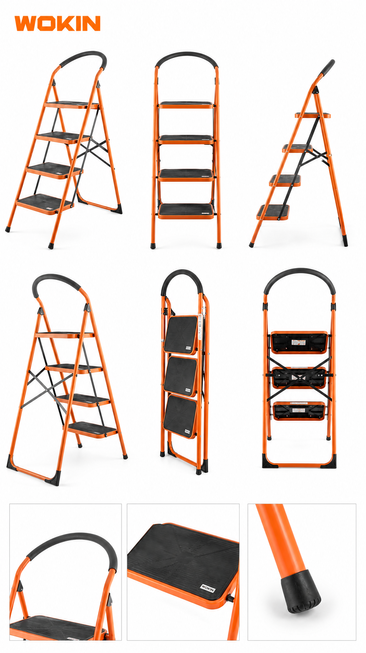 Thang ghế thép 4 bậc WOKIN 682004 | Chịu tải 150kg, chắc chắn và an toàn 3 Cận cảnh bậc thang rộng 380 x 260mm của thang ghế thép WOKIN 682004