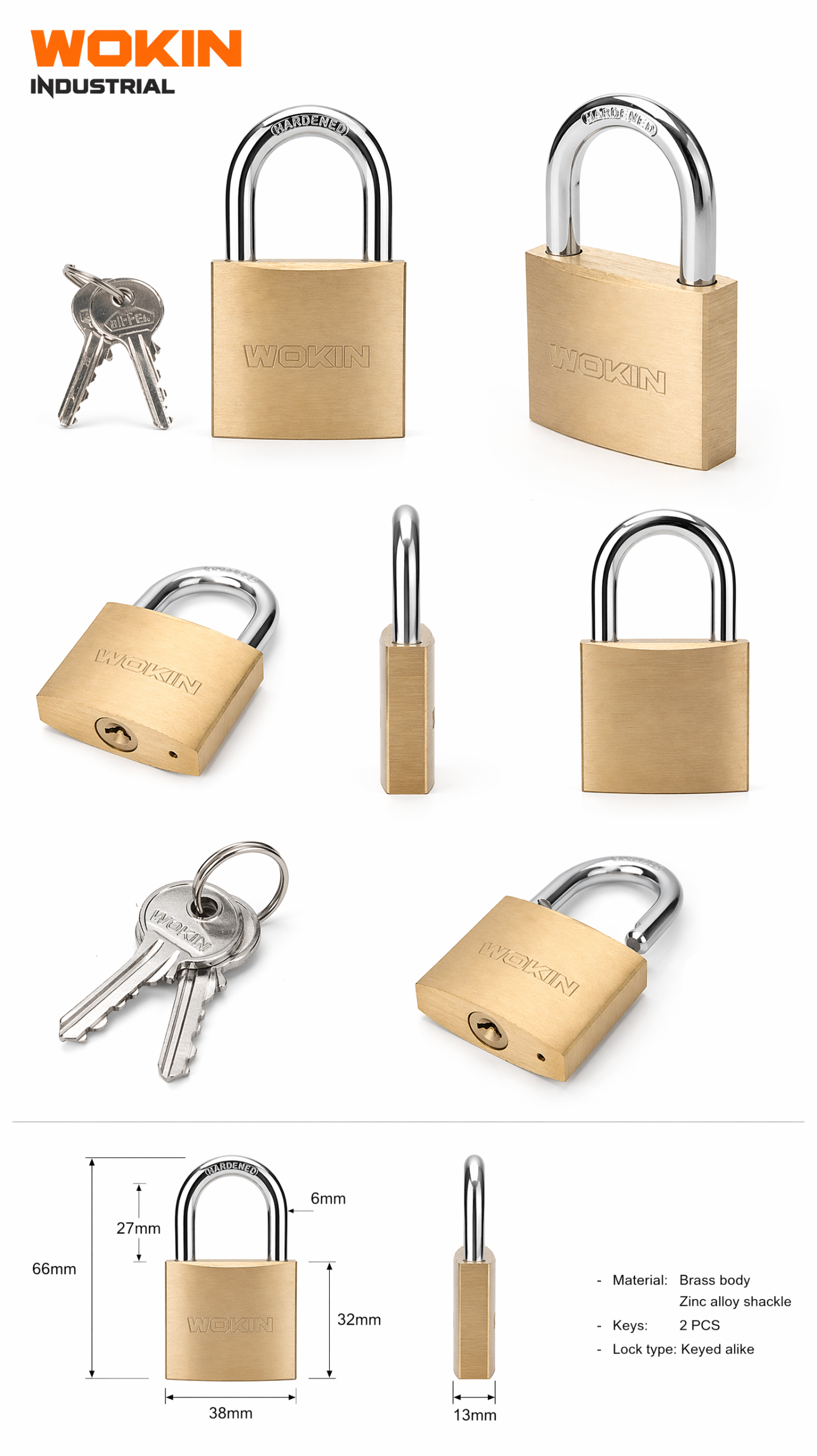 Chi tiết ổ khóa đồng WOKIN với thân đồng nguyên khối và càng thép tôi cứng mạ chrome