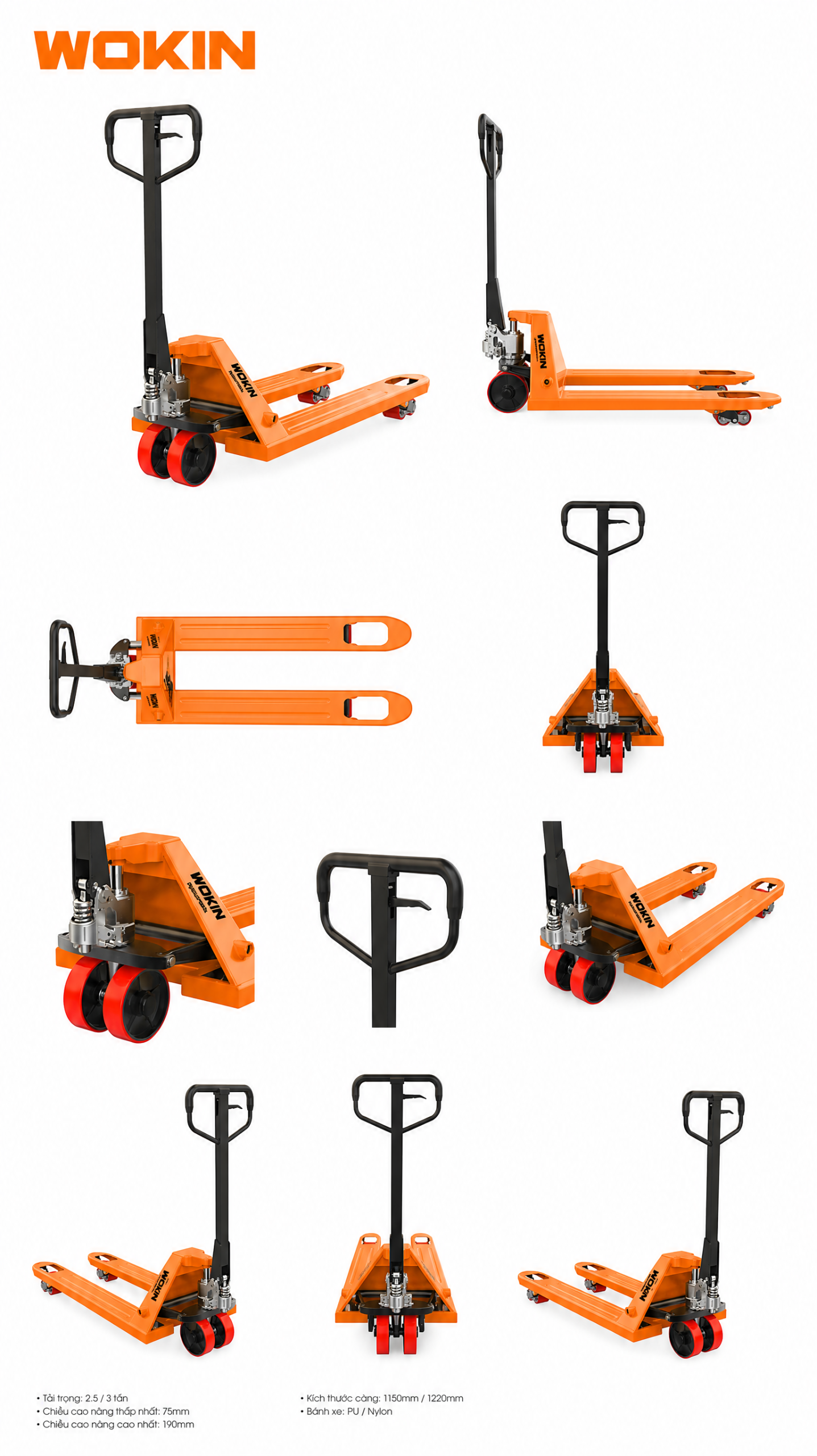 Chi tiết xe nâng tay WOKIN 688003 tải trọng 3 tấn với bơm thủy lực AC và càng nâng 550x1150mm