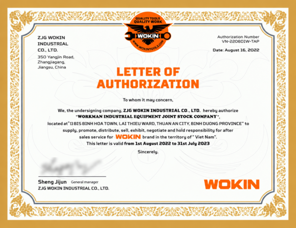 Giấy chứng nhận đại lý WOKIN của WORKMAN